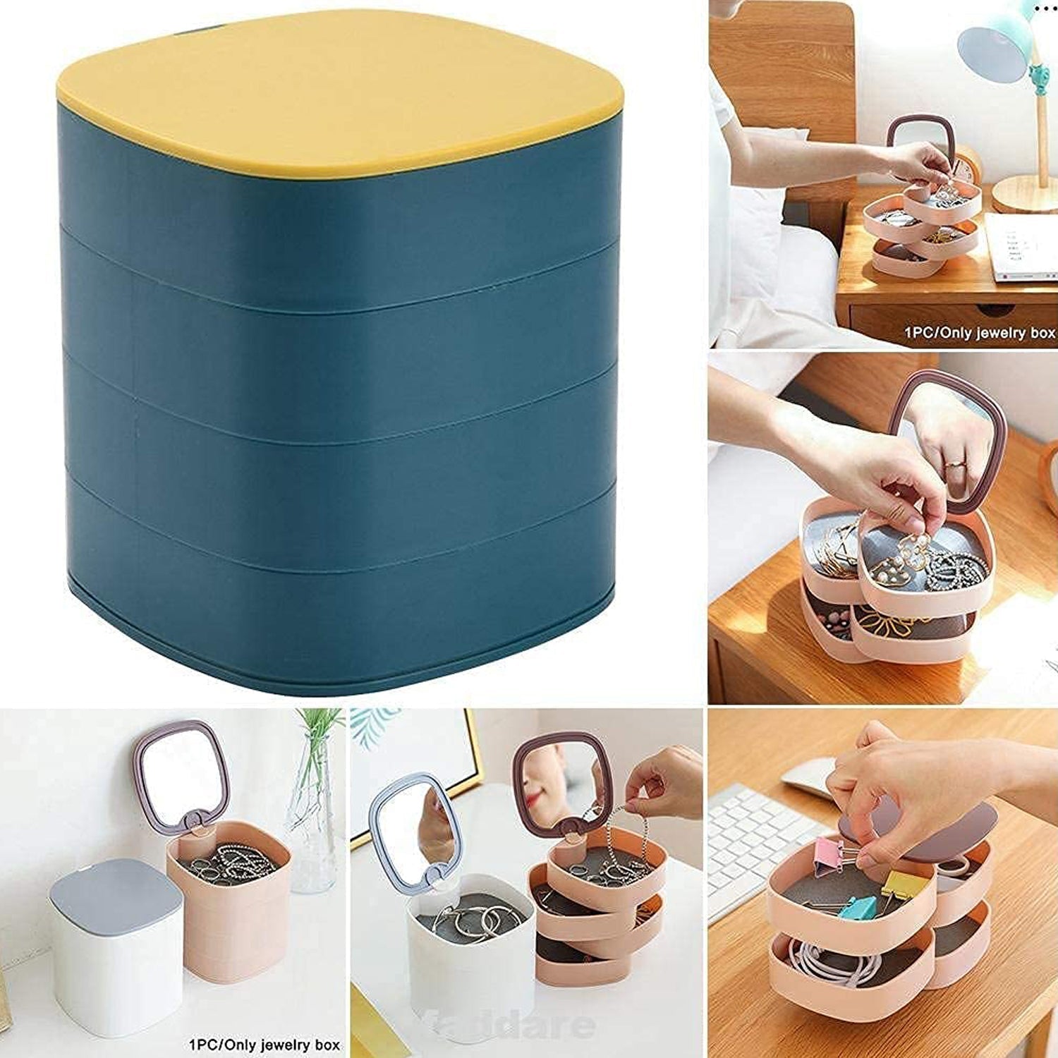 Multicolor jewelry box with mirror, 360-degree rotating feature Multicolor jewelry box with mirror, 360-degree rotating feature